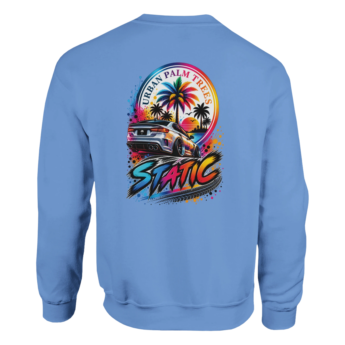 Blue crewneck sweatshirt featuring a retro "Static" graphic with a lowered modified car, palm trees, and vibrant sunset splatter art on the back.