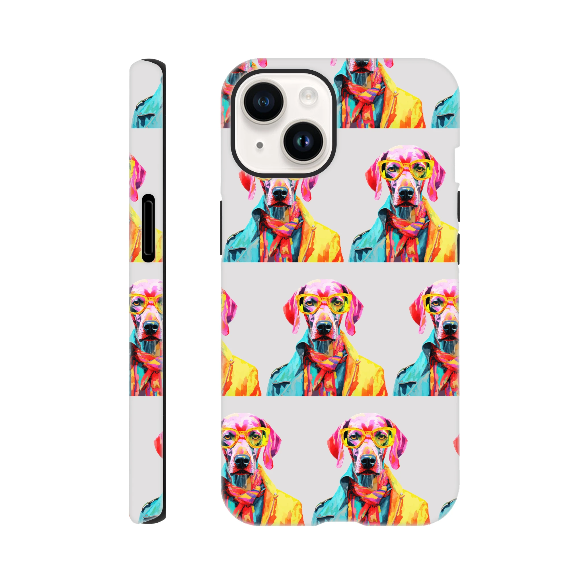 Colorful dog portraits on a tough iPhone case with wraparound print and glossy dual-layer protection.