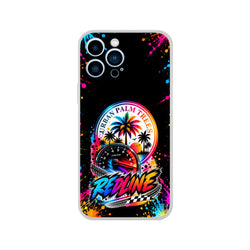 Redline iPhone case featuring colorful paint splatters, Urban Palm Trees graphic, and tachometer design for petrolheads.