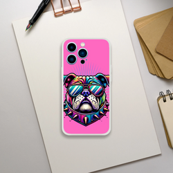 Y2K Bulldog iPhone Case (13-16) with pink retro dog artwork, slim matte finish, lightweight protection.