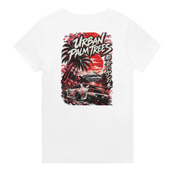 White t-shirt back print featuring JDM car graphic with cherry blossoms, palm trees, and red sun. Japanese streetwear design.