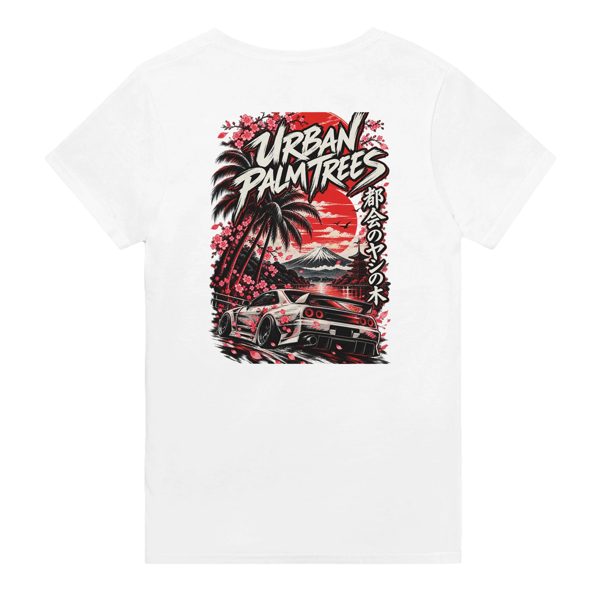White t-shirt back print featuring JDM car graphic with cherry blossoms, palm trees, and red sun. Japanese streetwear design.