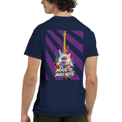 Navy blue men's t-shirt back print featuring a retro colorful electric guitar with palm tree artwork and "Made To Make Noise" text.