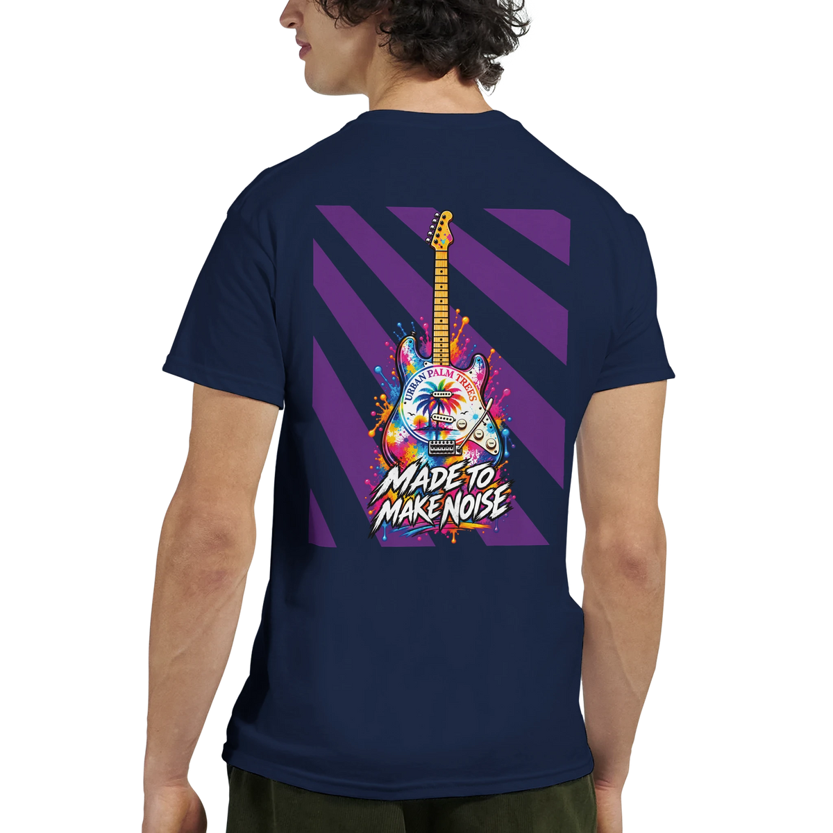 Navy blue men's t-shirt back print featuring a retro colorful electric guitar with palm tree artwork and "Made To Make Noise" text.