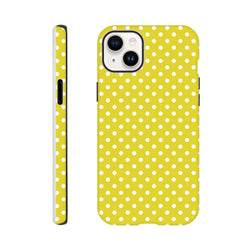 Yellow and white polka dot tough iPhone case with dual-layer TPU protection for iPhone 13-16 models.