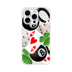 iPhone case featuring luck charm design with Ace of Hearts, 8-ball, horseshoe, and clover graphics for street style.