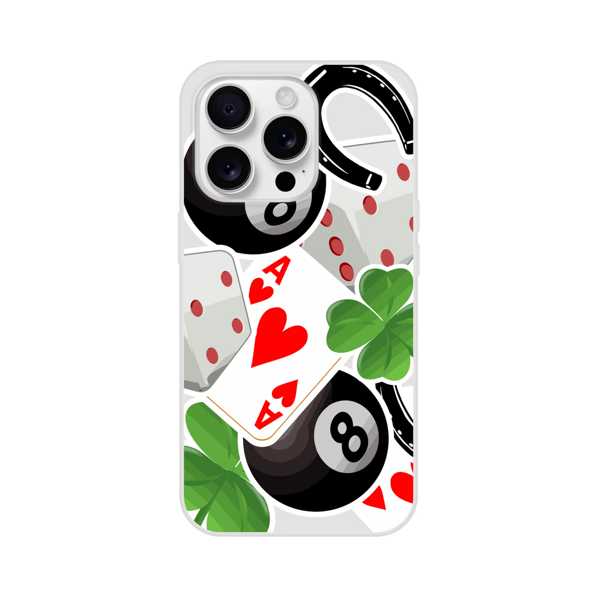 iPhone case featuring luck charm design with Ace of Hearts, 8-ball, horseshoe, and clover graphics for street style.