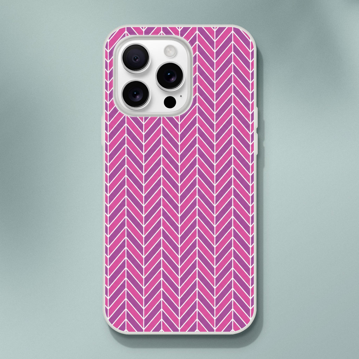 Pink herringbone iPhone case with geometric chevron pattern, slim frosty transparent TPU design for models 13-16.