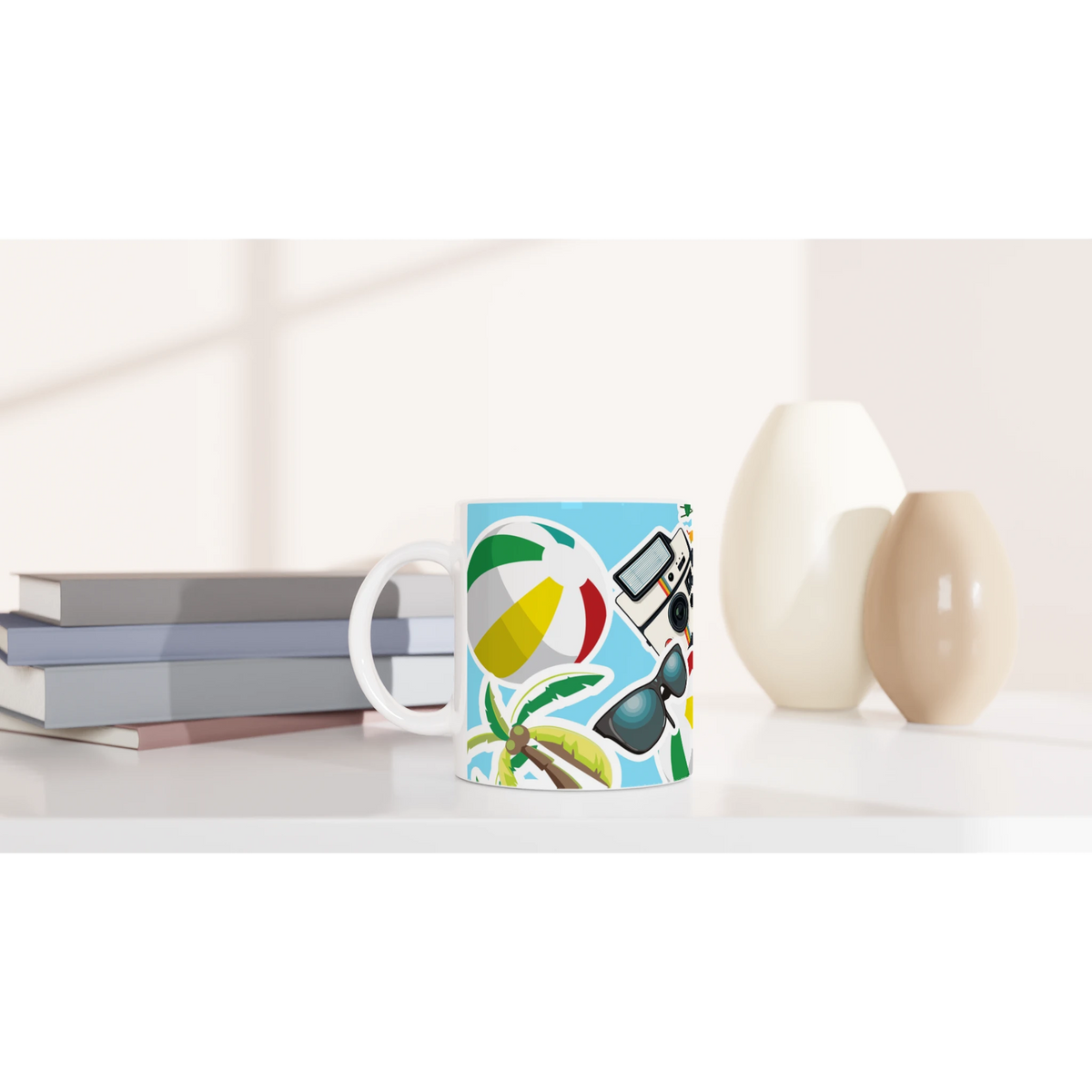 Summer holiday ceramic mug featuring a colorful beach ball, palm tree, sunglasses, and camera print on a bright blue background.
