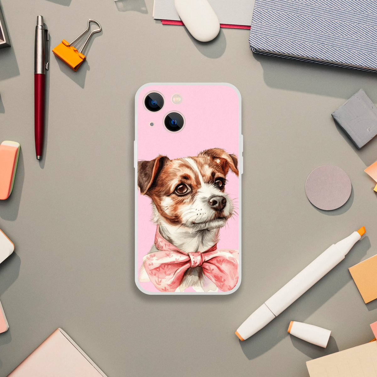 Cute dog portrait iPhone case for 13-16 with pink background, retro aesthetic, slim matte TPU.