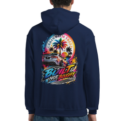 Navy blue hoodie back featuring colorful "Built Not Bought" graphic with modified car, palm trees, and sunset design.