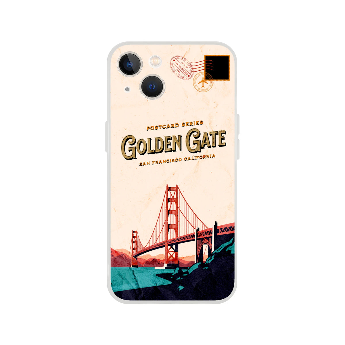 Vintage postcard iPhone case with Golden Gate Bridge design, stamps, San Francisco, California, retro travel vibes.