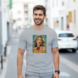 Man wearing Vintage Pin-Up Graphic T‑Shirt for Men, Retro Americana Streetwear Top with pin-up art on front.