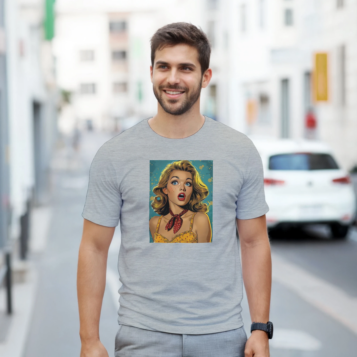 Man wearing Vintage Pin-Up Graphic T‑Shirt for Men, Retro Americana Streetwear Top with pin-up art on front.