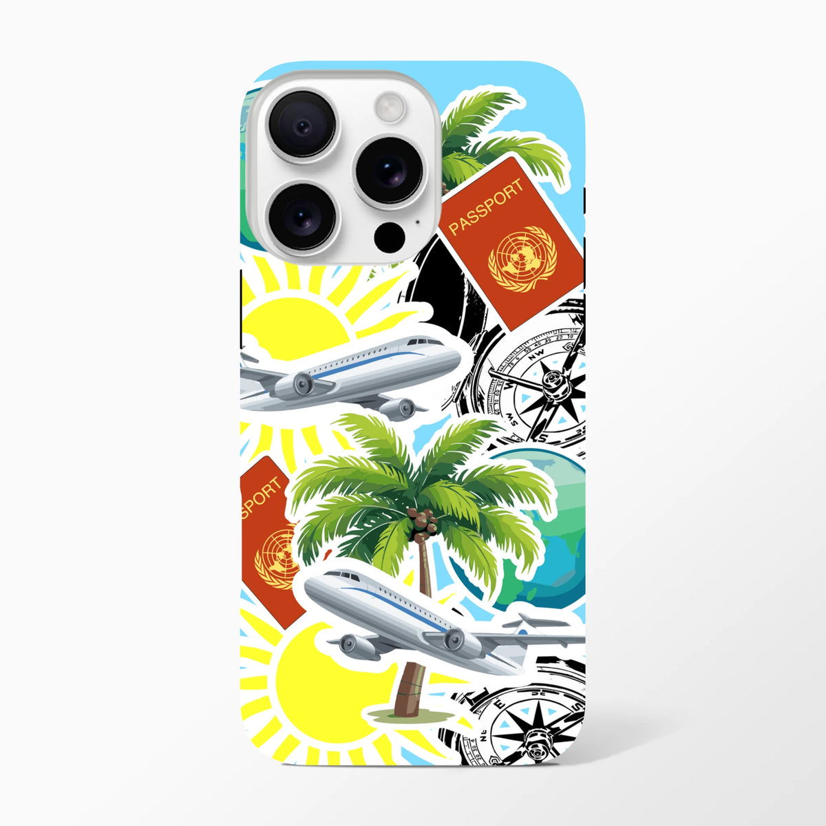 Travel sticker iPhone case featuring palm trees, airplanes, passport, and compass graphics for a bold island vibe.