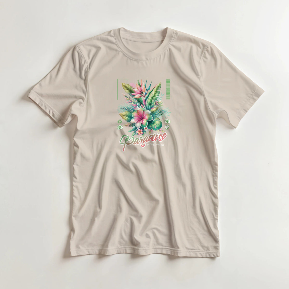 Beige Paradise women's graphic tee with tropical floral print in pinks and greens on a soft cotton blend.