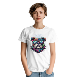 White women's graphic tee with soft cotton blend featuring a colorful bulldog wearing sunglasses