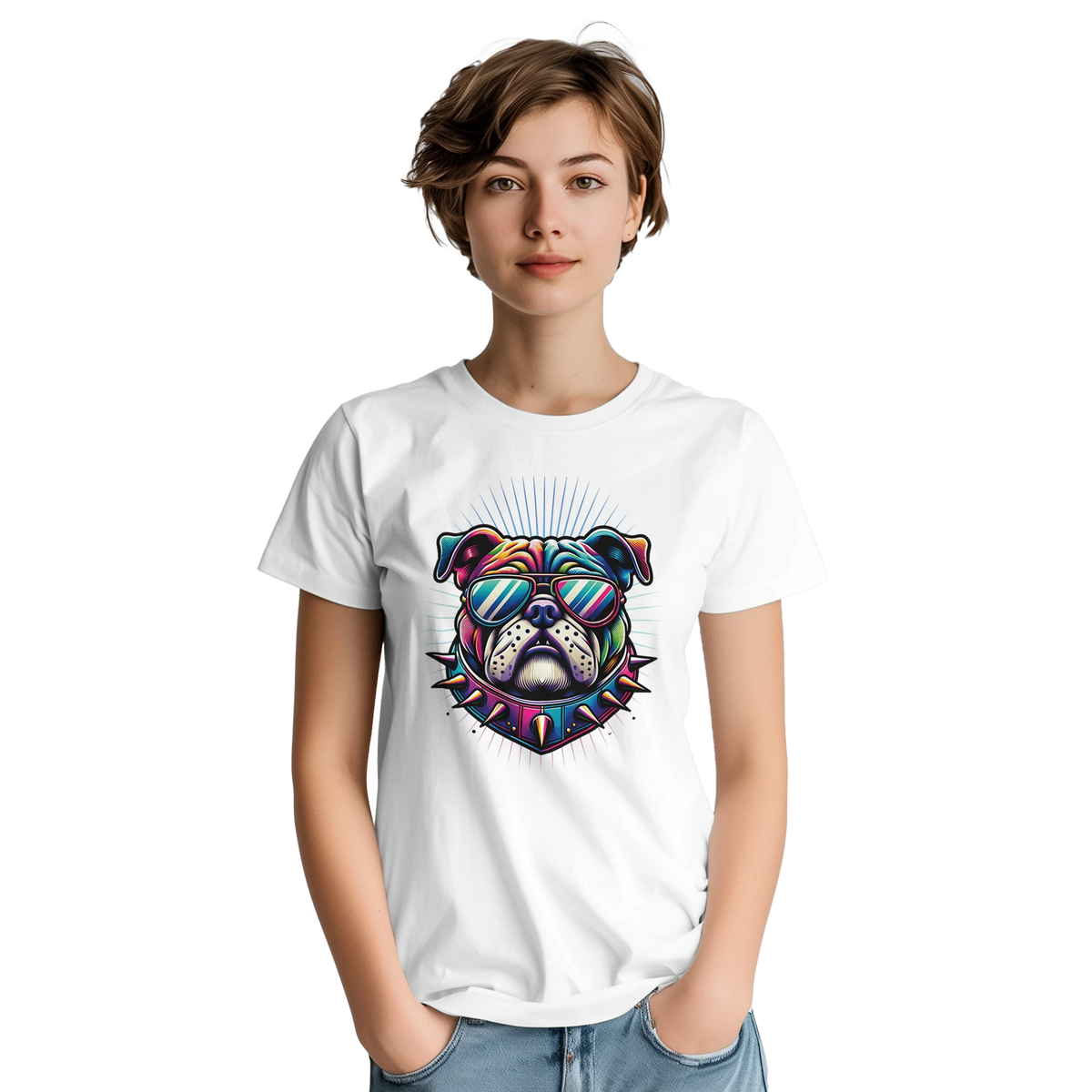 White women's graphic tee with soft cotton blend featuring a colorful bulldog wearing sunglasses