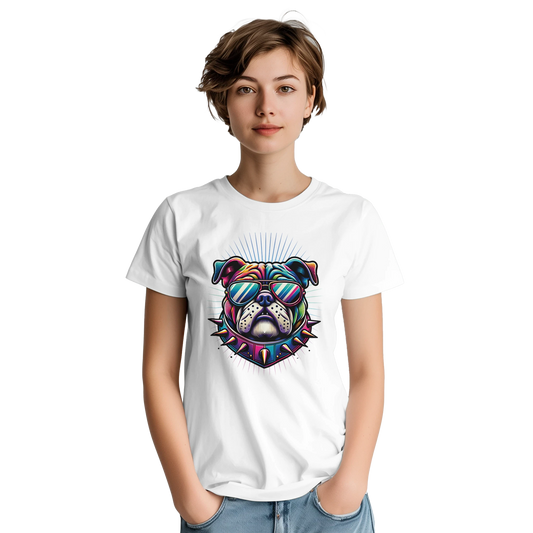 White women's graphic tee with soft cotton blend featuring a colorful bulldog wearing sunglasses