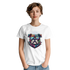 White women's graphic tee with soft cotton blend featuring a colorful bulldog wearing sunglasses