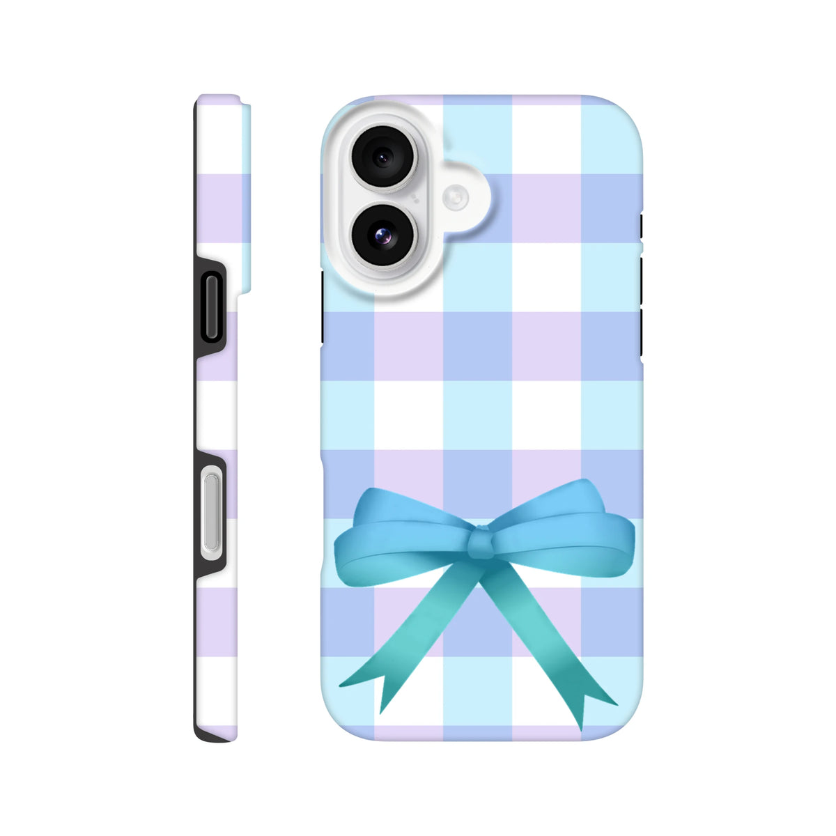 Blue gingham iPhone case featuring a turquoise bow. Coquette style protective cover with pastel check pattern for streetwear looks.