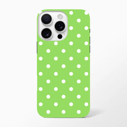 Green and white polka dot tough iPhone case with shock-absorbing TPU core and glossy finish for drop protection.