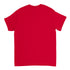 Back view of red men's T-shirt, short sleeves, plain cotton blend.