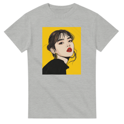 Grey men's t-shirt featuring bold pop art graphic of a woman with red lips and gold hoops on a yellow background.
