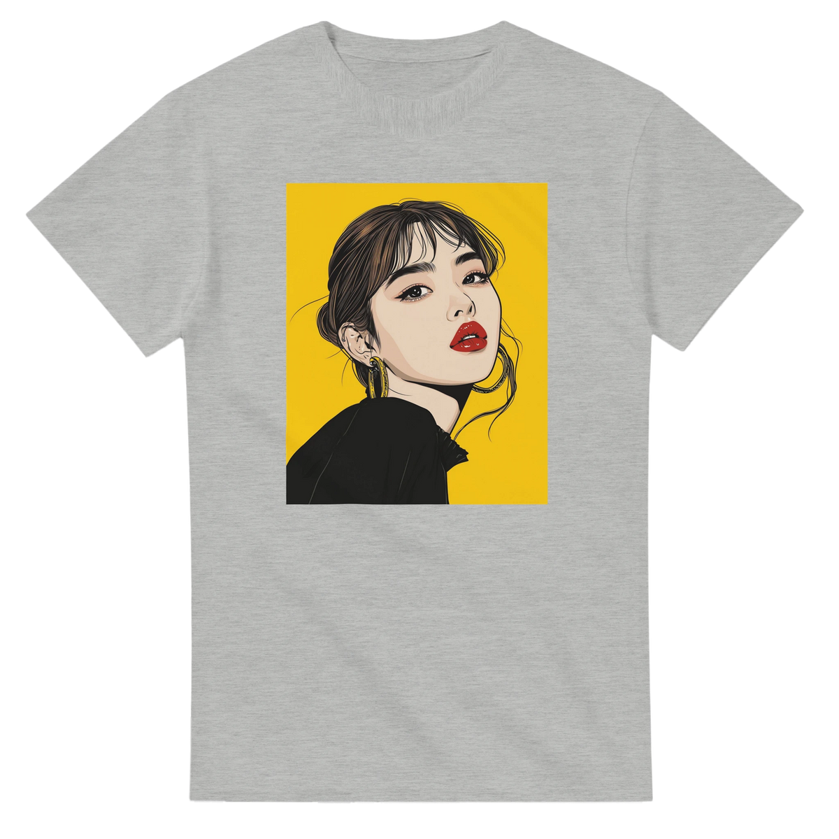 Grey men's t-shirt featuring bold pop art graphic of a woman with red lips and gold hoops on a yellow background.