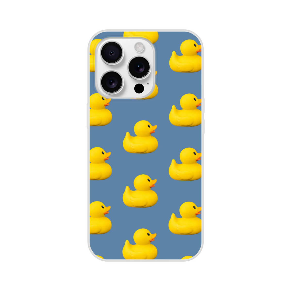 Blue rubber duck print iPhone case for 13-16, bold duck pattern, matte finish, lightweight streetwear-ready cover