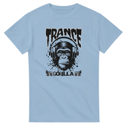 Light blue men's T-shirt featuring a Trance Gorilla graphic with headphones and splatter art for rave music fans.