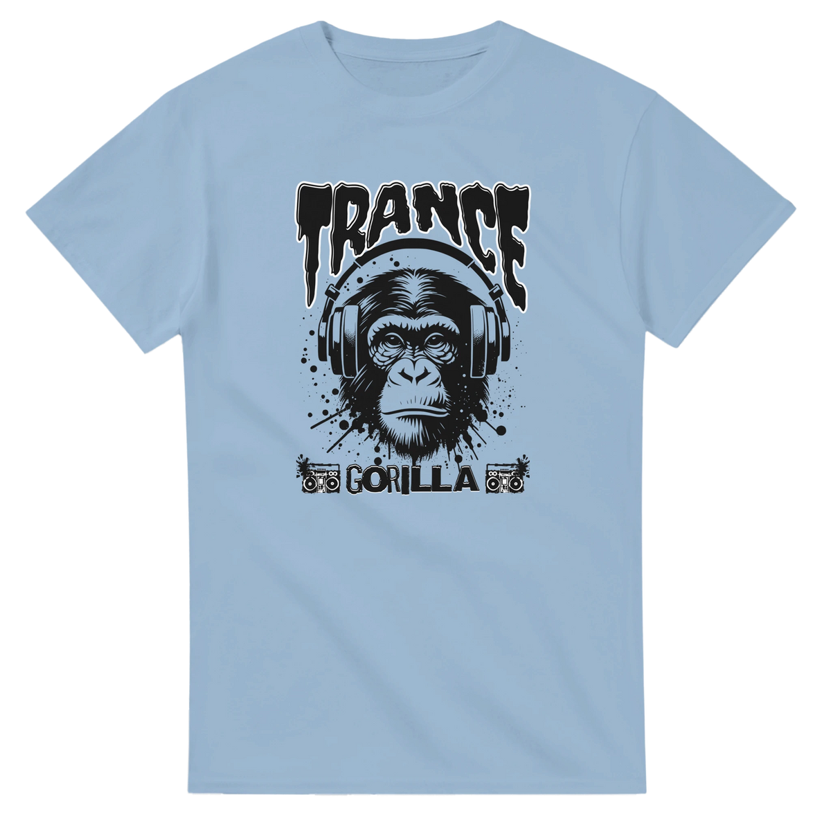 Light blue men's T-shirt featuring a Trance Gorilla graphic with headphones and splatter art for rave music fans.