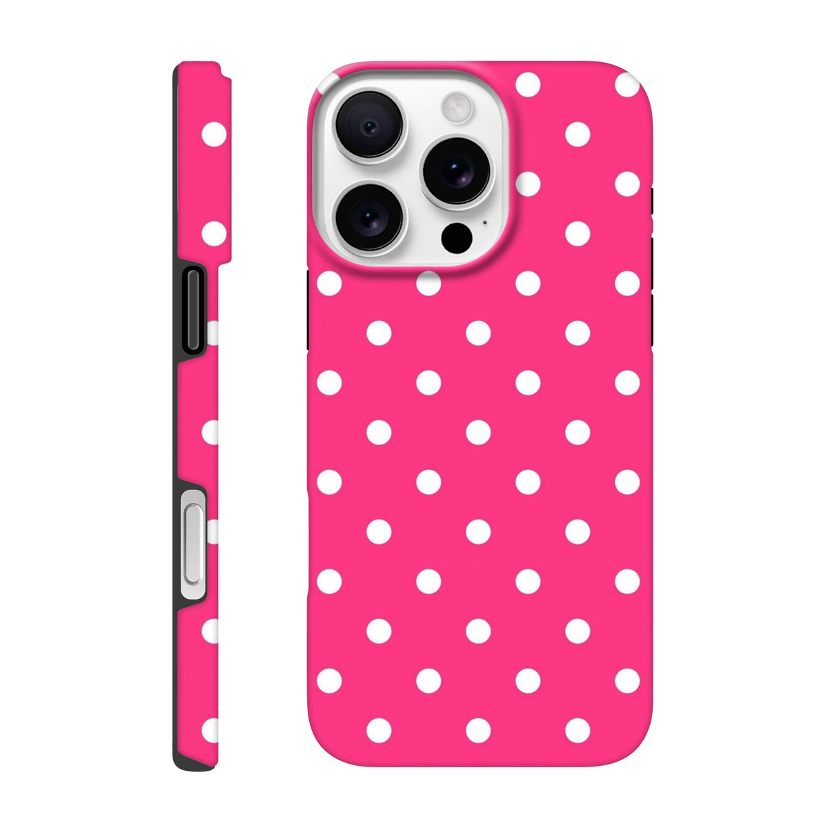 Hot pink iPhone case with white polka dots, featuring a tough dual-layer design for shock absorption and rugged daily protection.