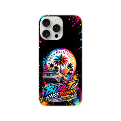 Built Not Bought car culture iPhone case featuring silver modified sedan, palm trees, and vibrant paint splatter design for petrolheads.
