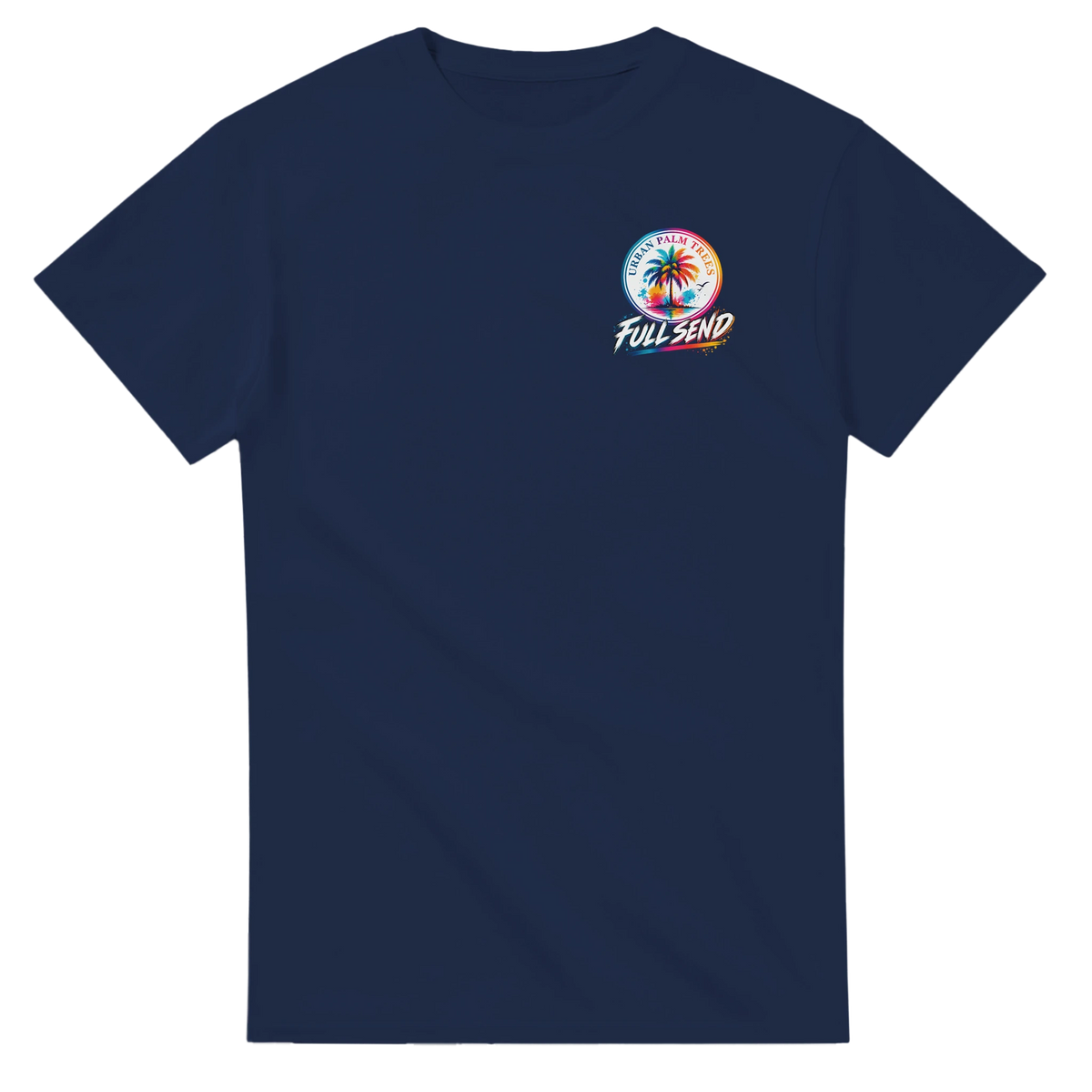 Navy blue men's graphic tee featuring a colorful Urban Palm Trees Full Send palm tree design on the chest.