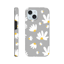 Grey iPhone case featuring white daisy floral pattern with yellow centers. Tough protective phone cover with botanical print on utilitarian grey background.