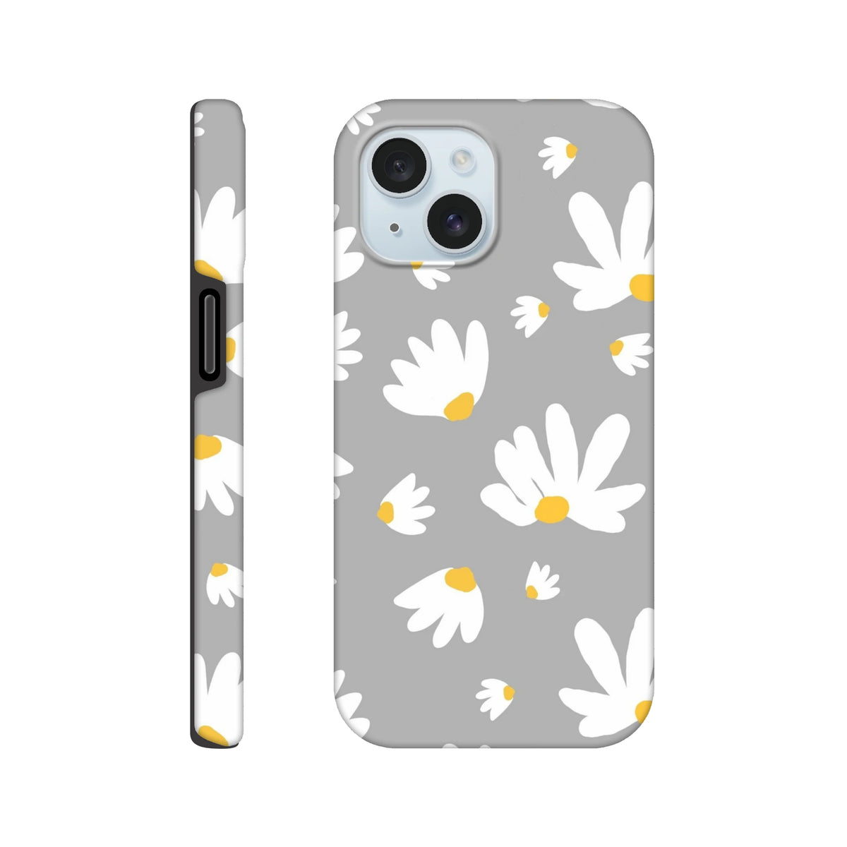Grey iPhone case featuring white daisy floral pattern with yellow centers. Tough protective phone cover with botanical print on utilitarian grey background.