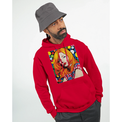 Man in a red hoodie with bold pop-art graphic and gray bucket hat, gazing sideways.