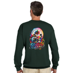 Dark green petrolhead sweatshirt featuring a colorful back graphic of a turbocharger, palm trees, and Urban Palm Trees text.