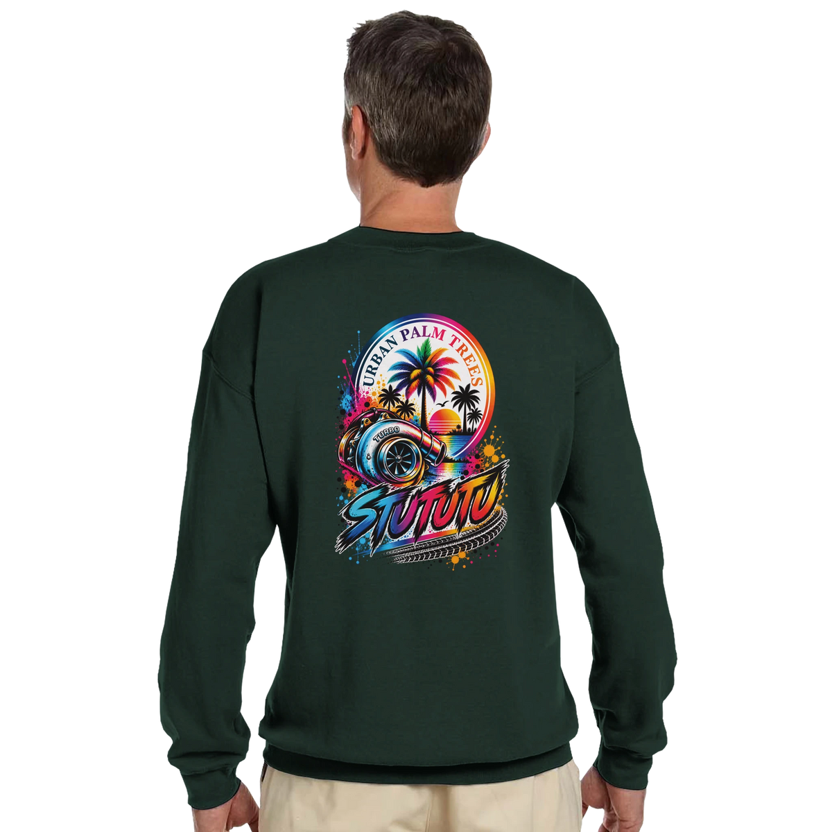 Dark green petrolhead sweatshirt featuring a colorful back graphic of a turbocharger, palm trees, and Urban Palm Trees text.