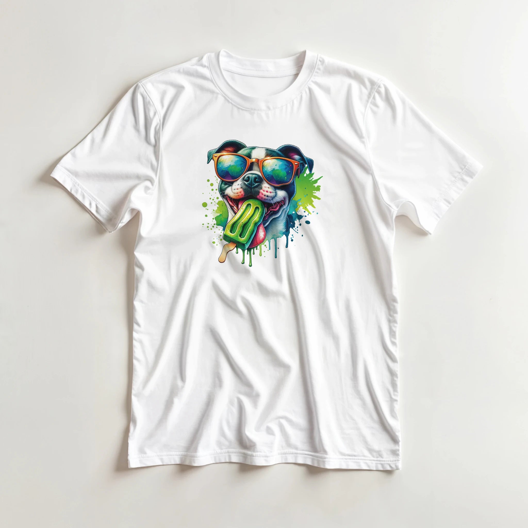 White tee featuring a colorful dog graphic wearing sunglasses and licking a green popsicle with splash accents.