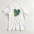 White tee featuring a colorful dog graphic wearing sunglasses and licking a green popsicle with splash accents.