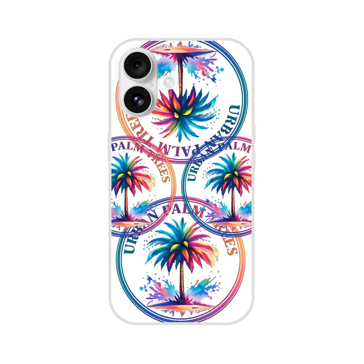 Urban Palm Trees retro iPhone case with colorful palm artwork and circular stamps.