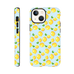 Cute lemon pattern iPhone case with fresh yellow fruit and green leaves on a light blue background. Tough phone cover for iPhone 13-16.
