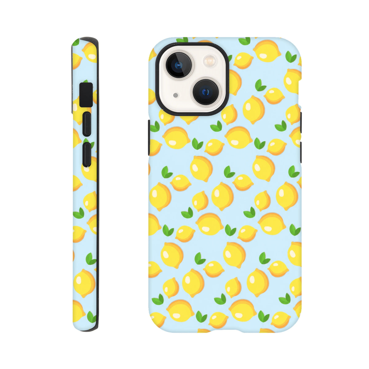 Cute lemon pattern iPhone case with fresh yellow fruit and green leaves on a light blue background. Tough phone cover for iPhone 13-16.