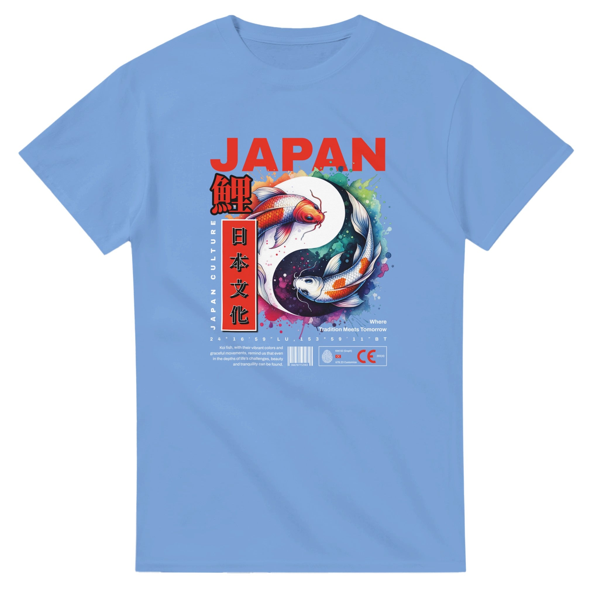 Blue men's T-shirt with Japanese graphic: bold red JAPAN text, colorful koi fish yin-yang, vertical kanji panel.