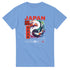 Blue men's T-shirt with Japanese graphic: bold red JAPAN text, colorful koi fish yin-yang, vertical kanji panel.