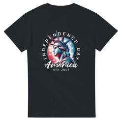 Black men's patriotic T-shirt featuring Statue of Liberty logo with Independence Day arcs and 4th July America text.