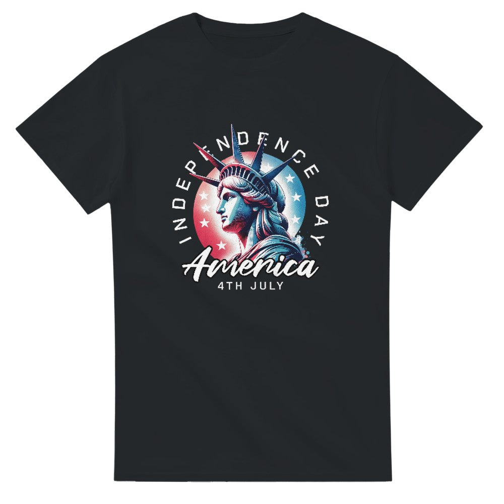 Black men's patriotic T-shirt featuring Statue of Liberty logo with Independence Day arcs and 4th July America text.