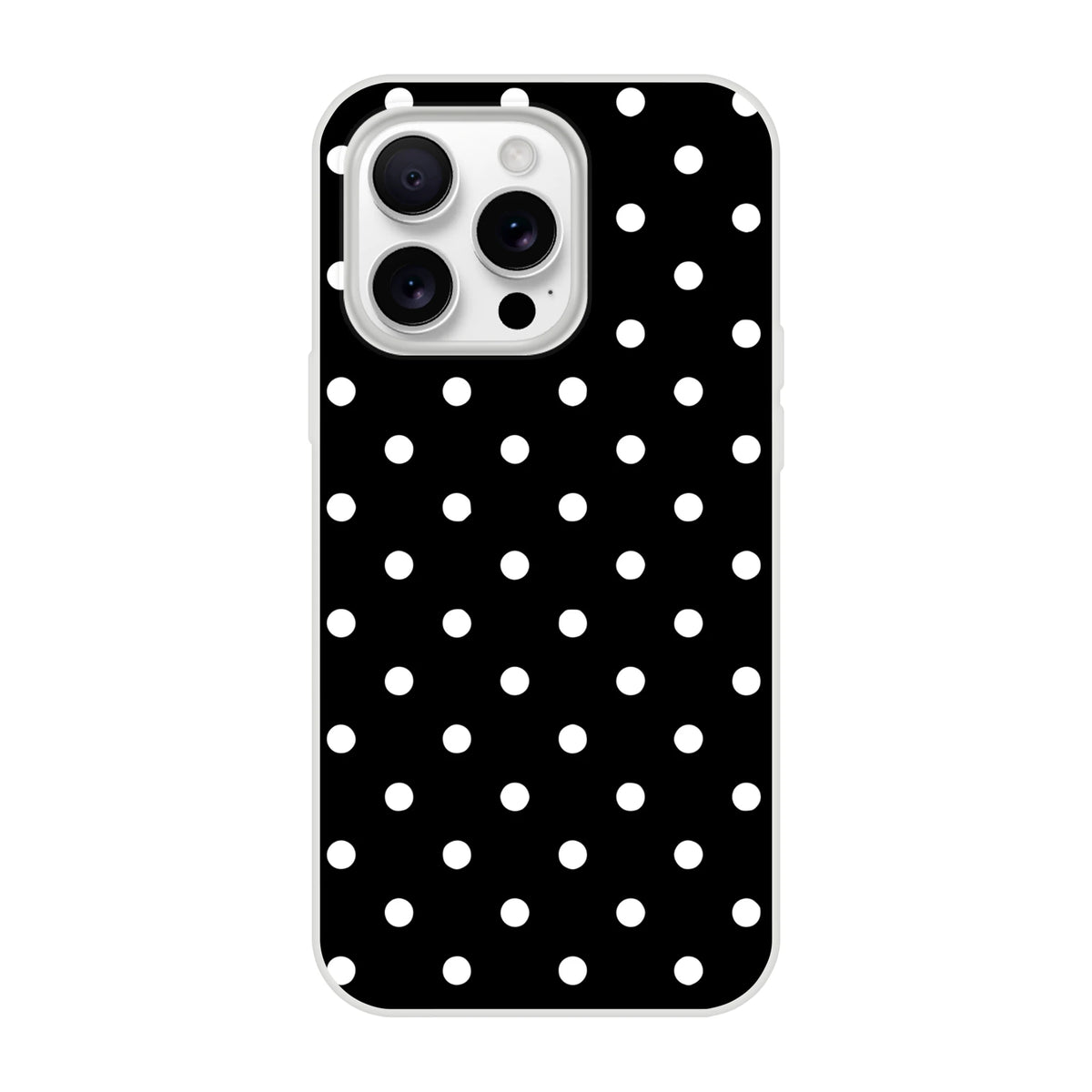 Retro black and white polka dot iPhone case. Slim matte TPU shell with impact absorption for iPhone 13-16 models.